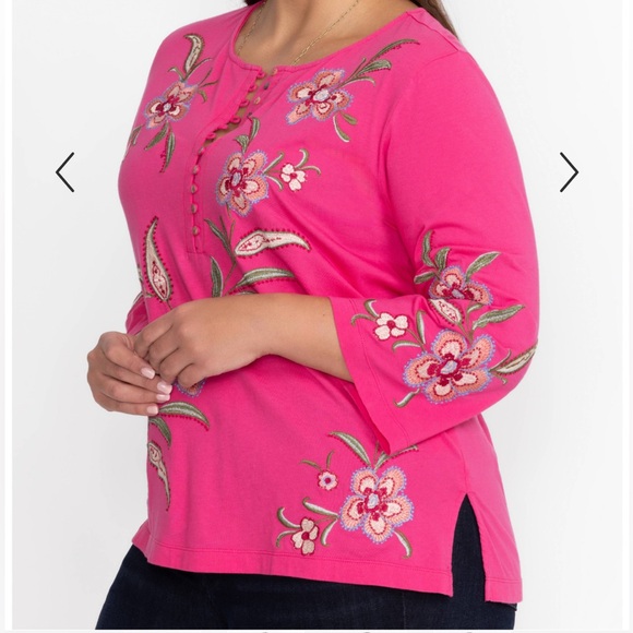 Johnny Was JWLA Libbi 3/4 Sleeve Flamingo Pink Embroidered Cotton Henley Top 1X - Picture 7 of 16